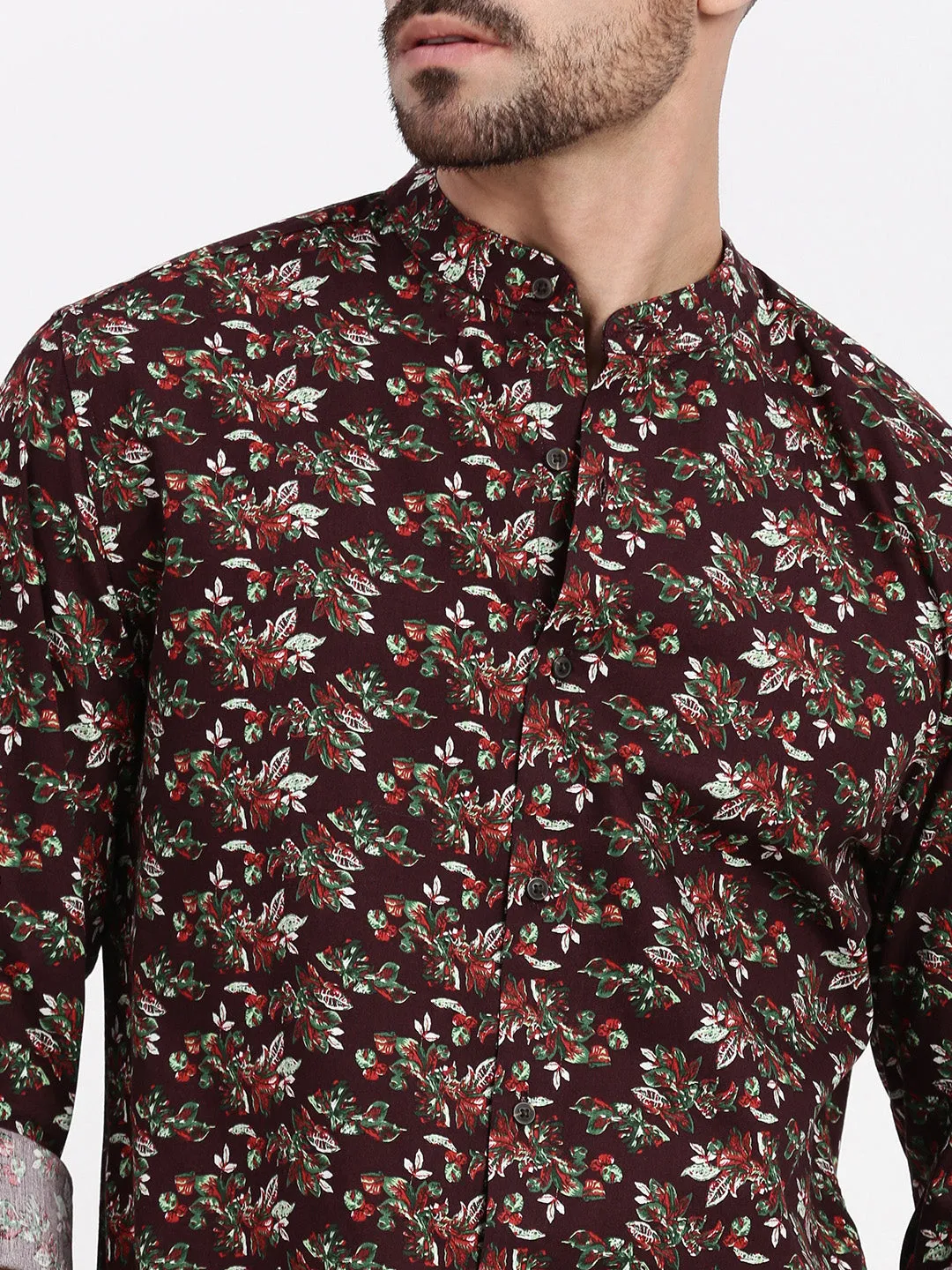 Men Burgundy Printed Slim Fit Shirt