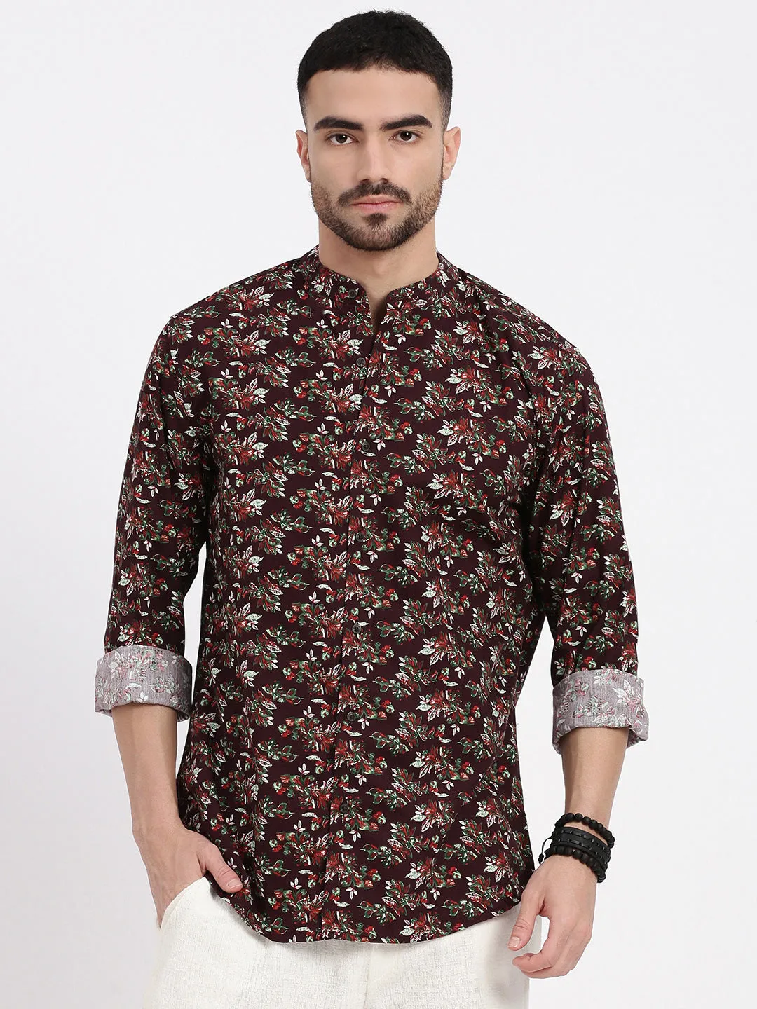 Men Burgundy Printed Slim Fit Shirt