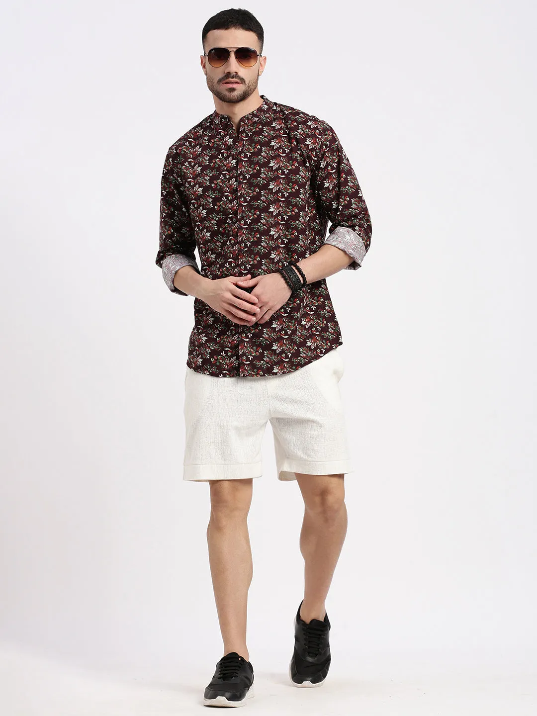 Men Burgundy Printed Slim Fit Shirt