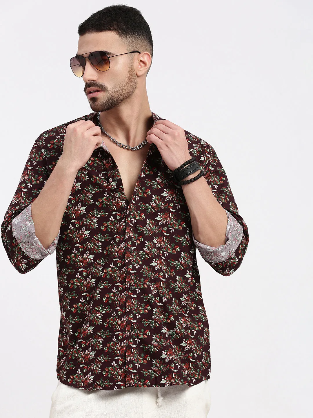 Men Burgundy Printed Slim Fit Shirt