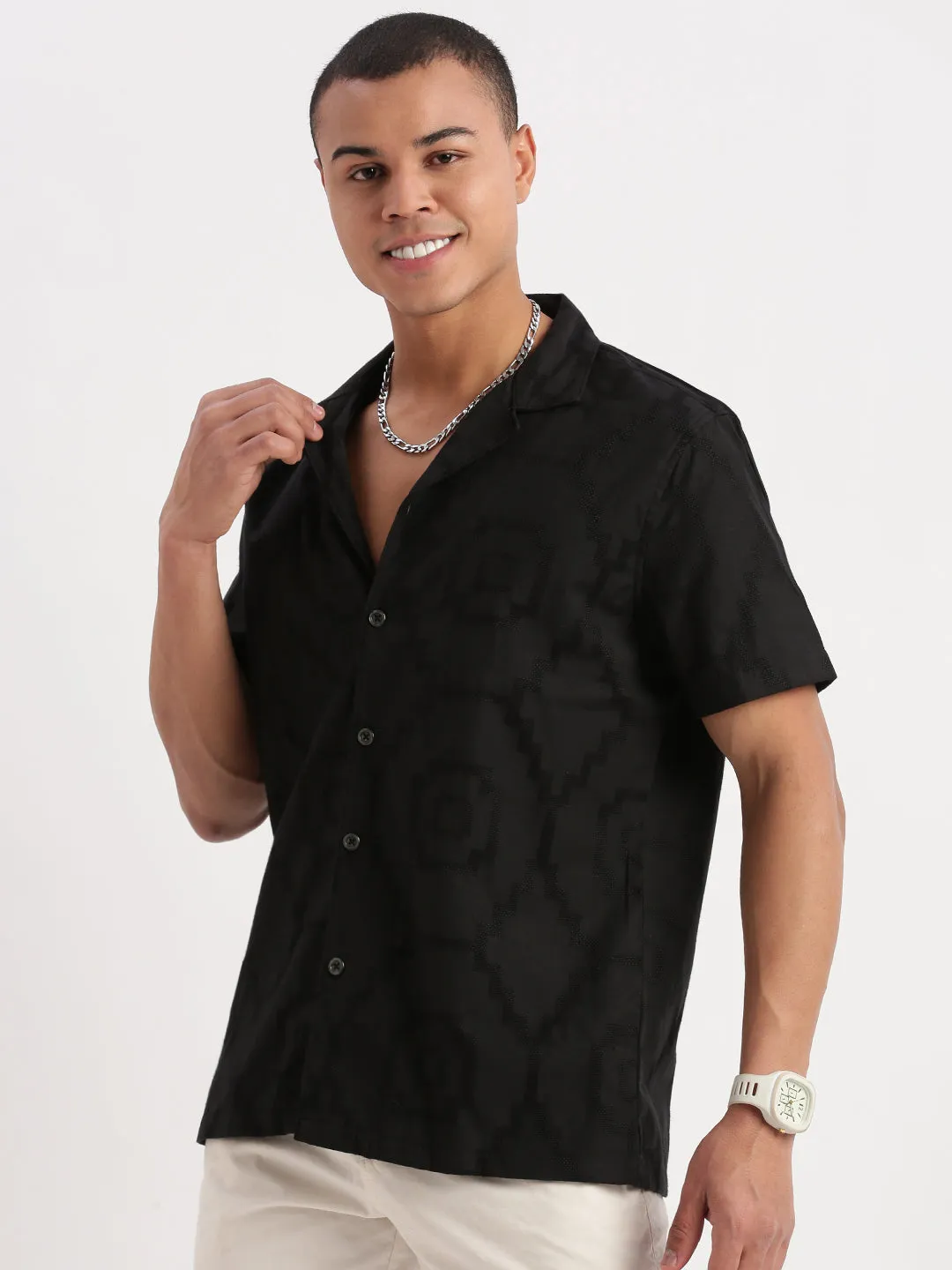 Men Cuban Collar Solid Black Shirt