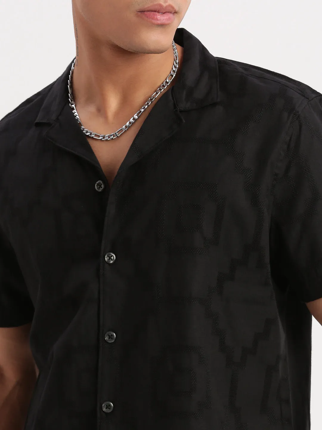 Men Cuban Collar Solid Black Shirt