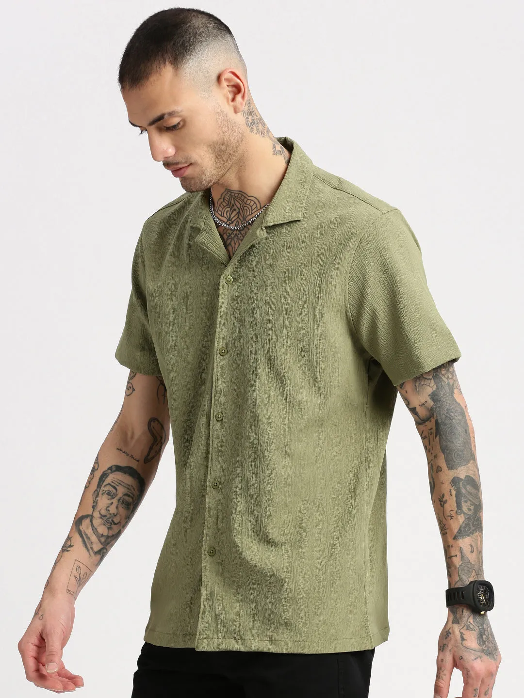 Men Cuban Collar  Solid Green Casual Shirt