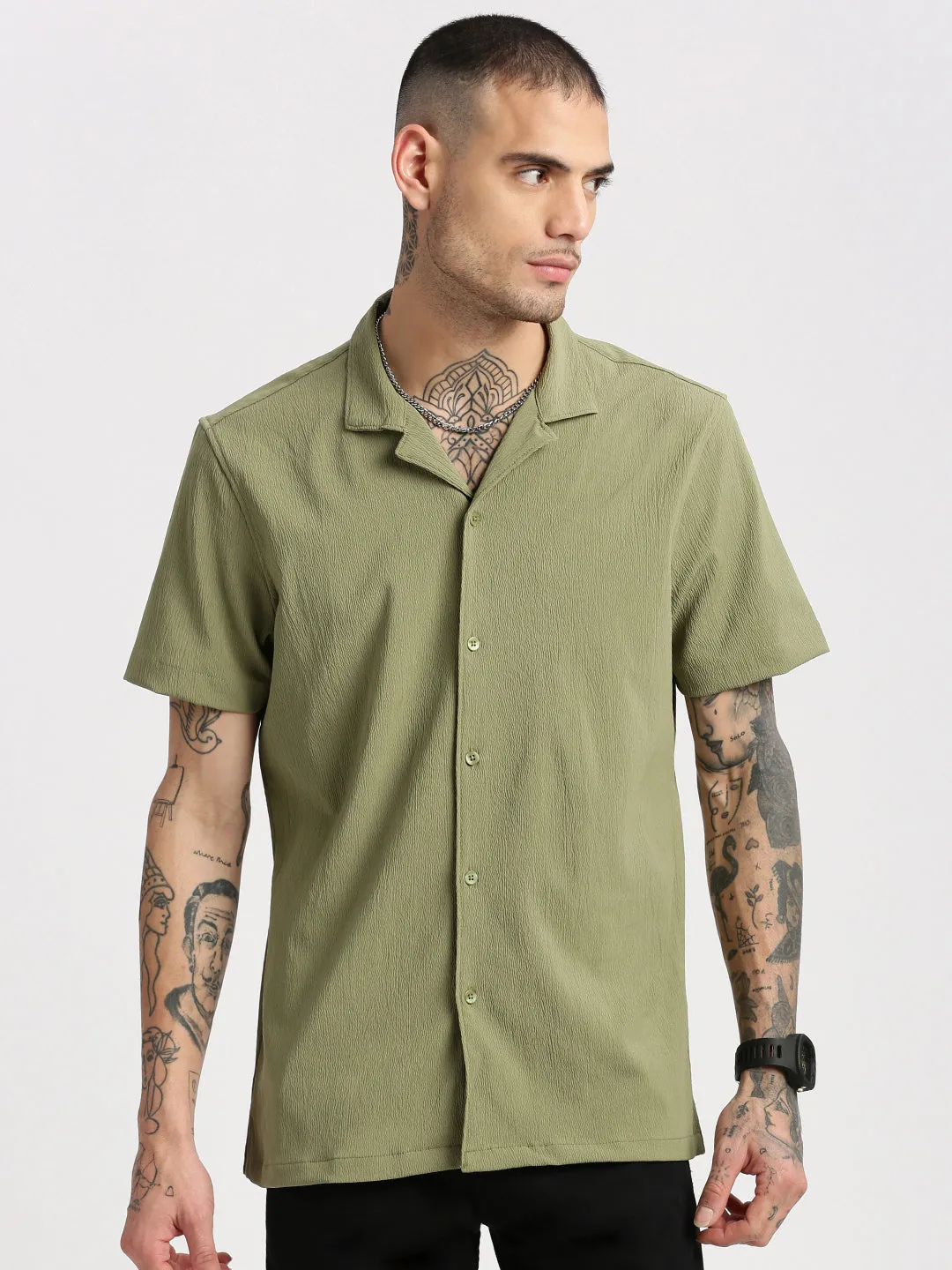 Men Cuban Collar  Solid Green Casual Shirt