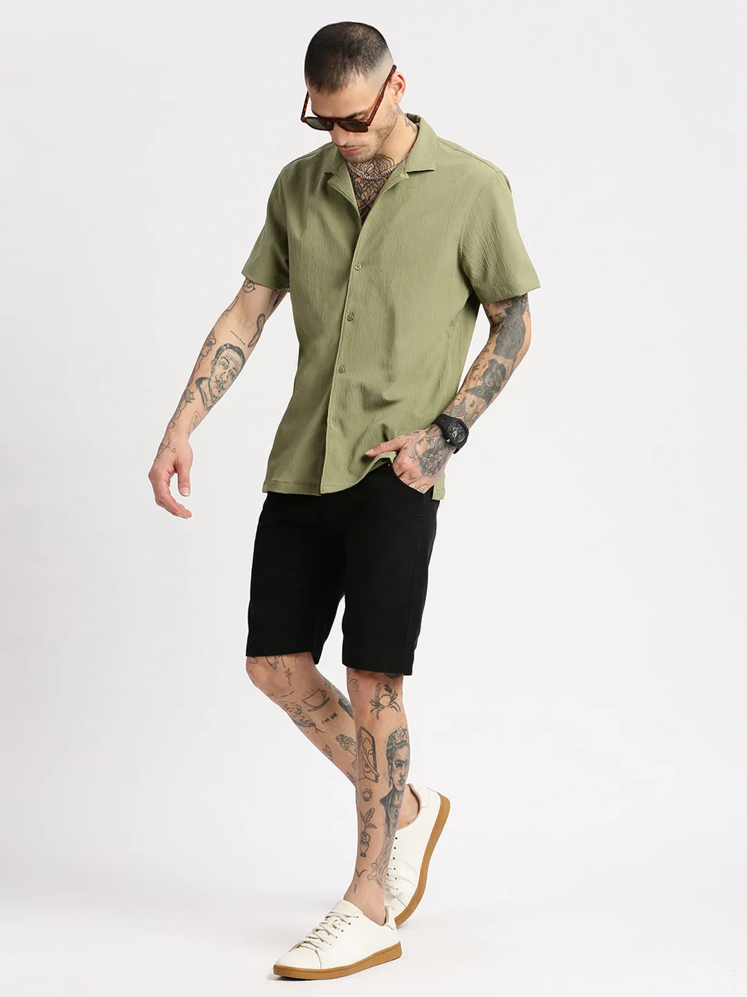 Men Cuban Collar  Solid Green Casual Shirt