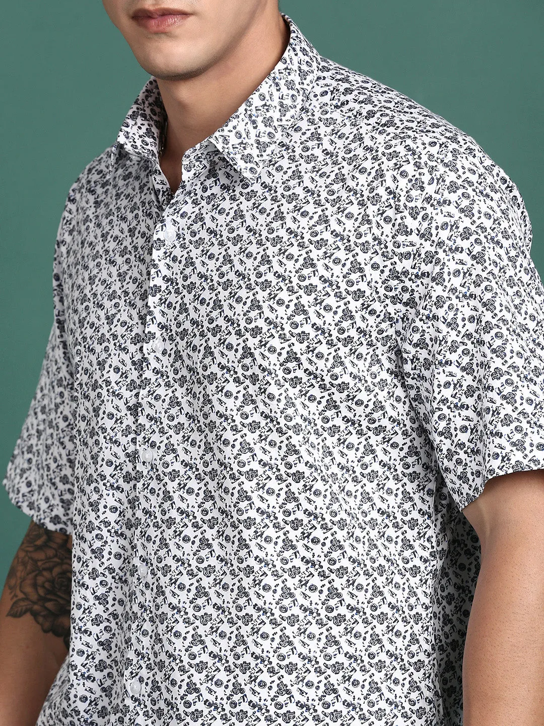 Men Floral White Slim Fit Shirt