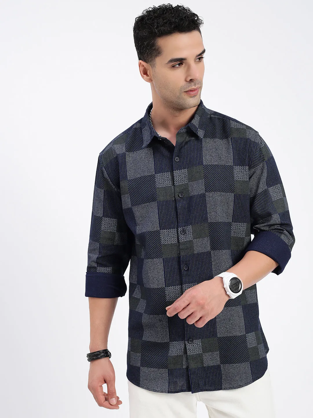 Men Geometric Navy Blue Slim Fit Shirt