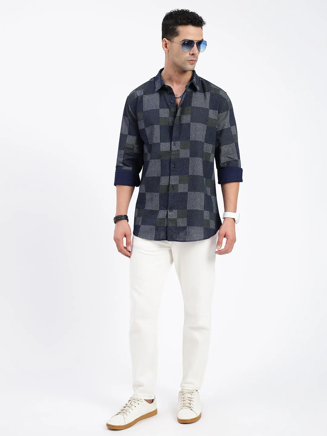 Men Geometric Navy Blue Slim Fit Shirt