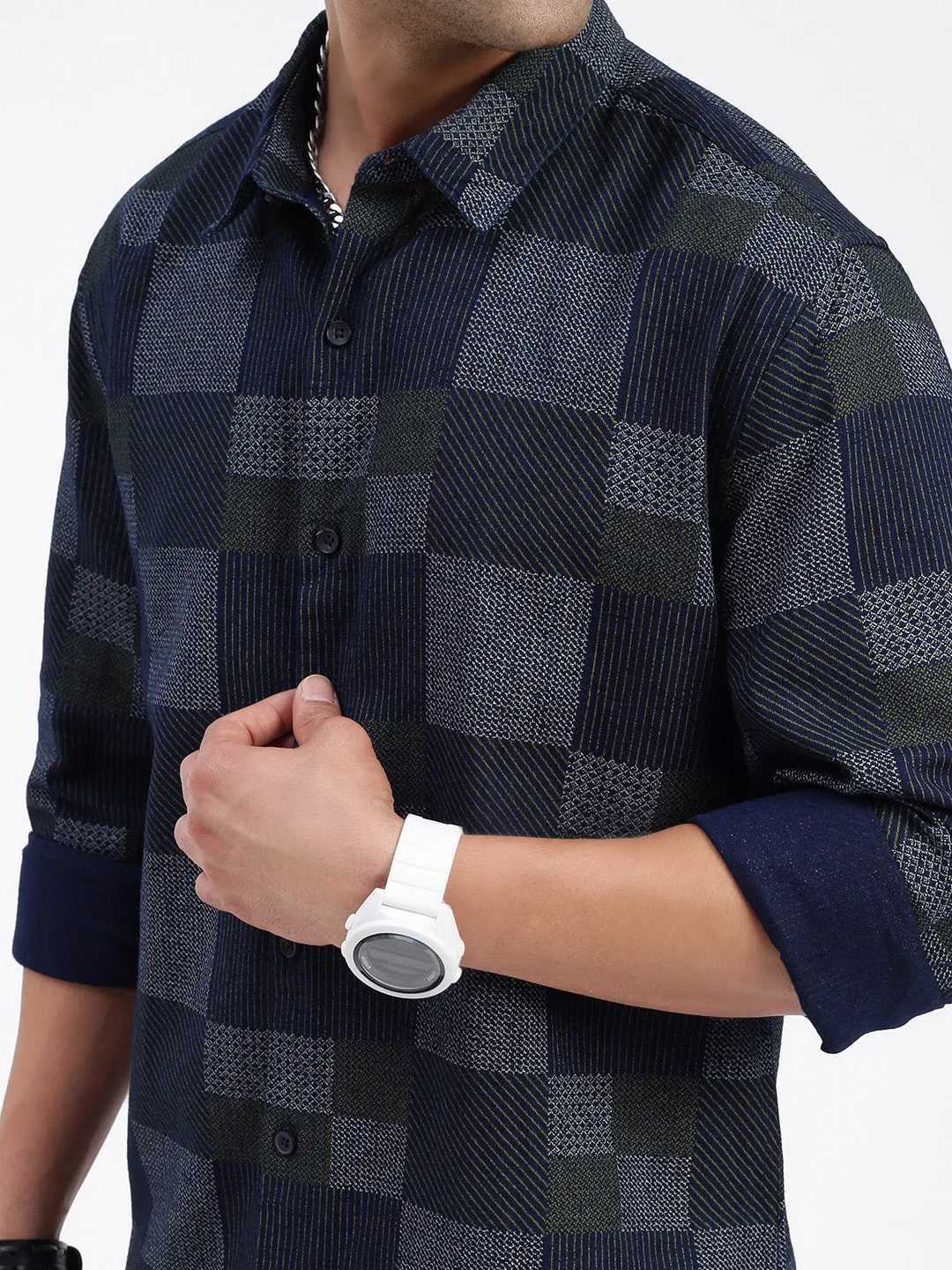 Men Geometric Navy Blue Slim Fit Shirt