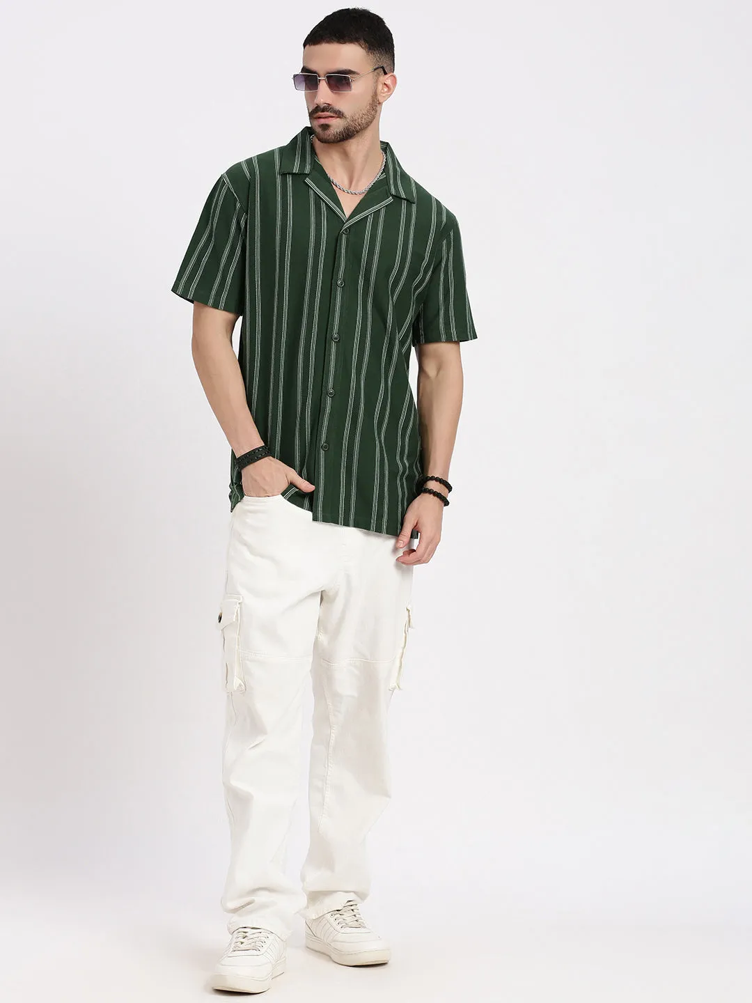 Men Green Cuban Collar Striped Shirt