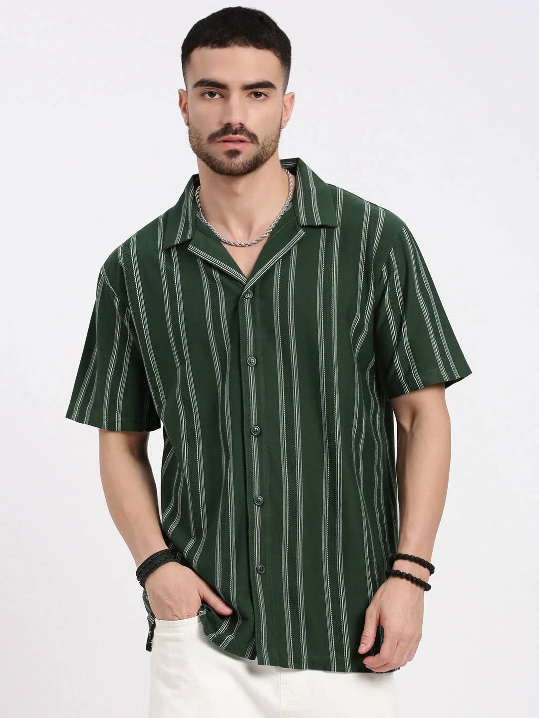 Men Green Cuban Collar Striped Shirt