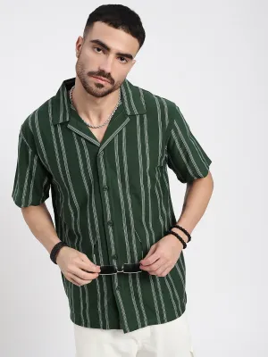 Men Green Cuban Collar Striped Shirt