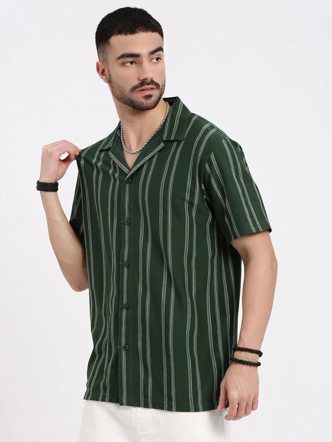 Men Green Cuban Collar Striped Shirt