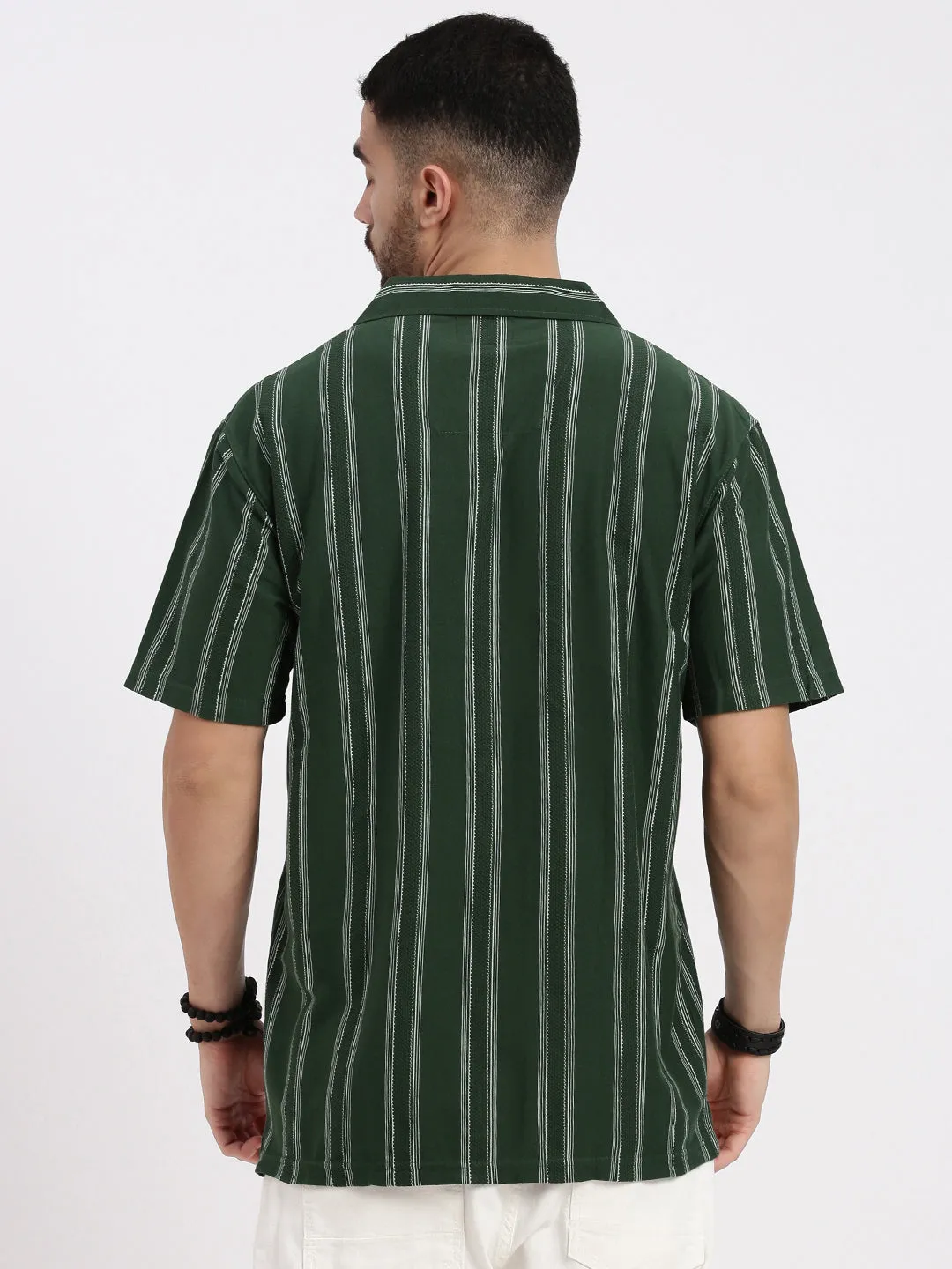 Men Green Cuban Collar Striped Shirt