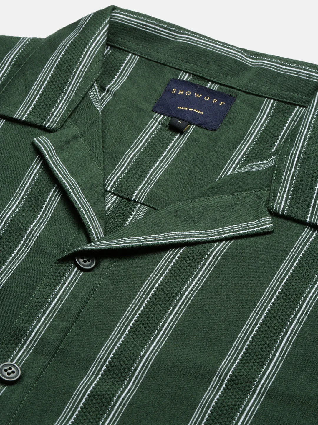 Men Green Cuban Collar Striped Shirt