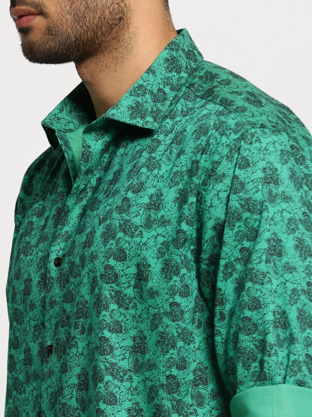 Men Green Spread Collar Floral Shirt