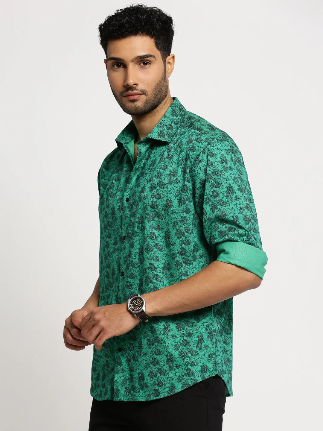 Men Green Spread Collar Floral Shirt