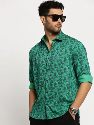 Men Green Spread Collar Floral Shirt