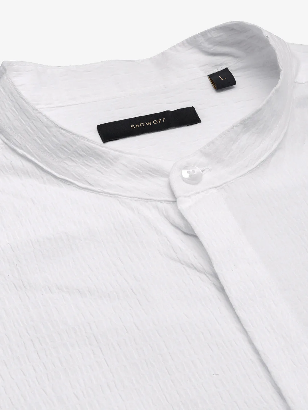 Men Mandarin Collar Solid White Slim Fit Shirt