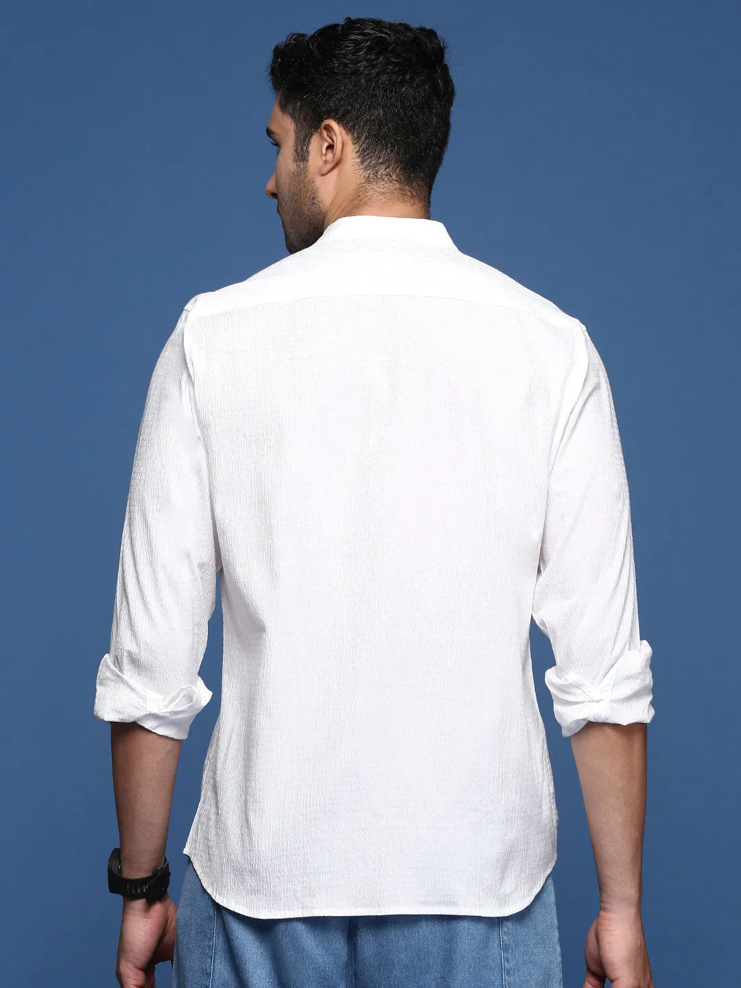 Men Mandarin Collar Solid White Slim Fit Shirt