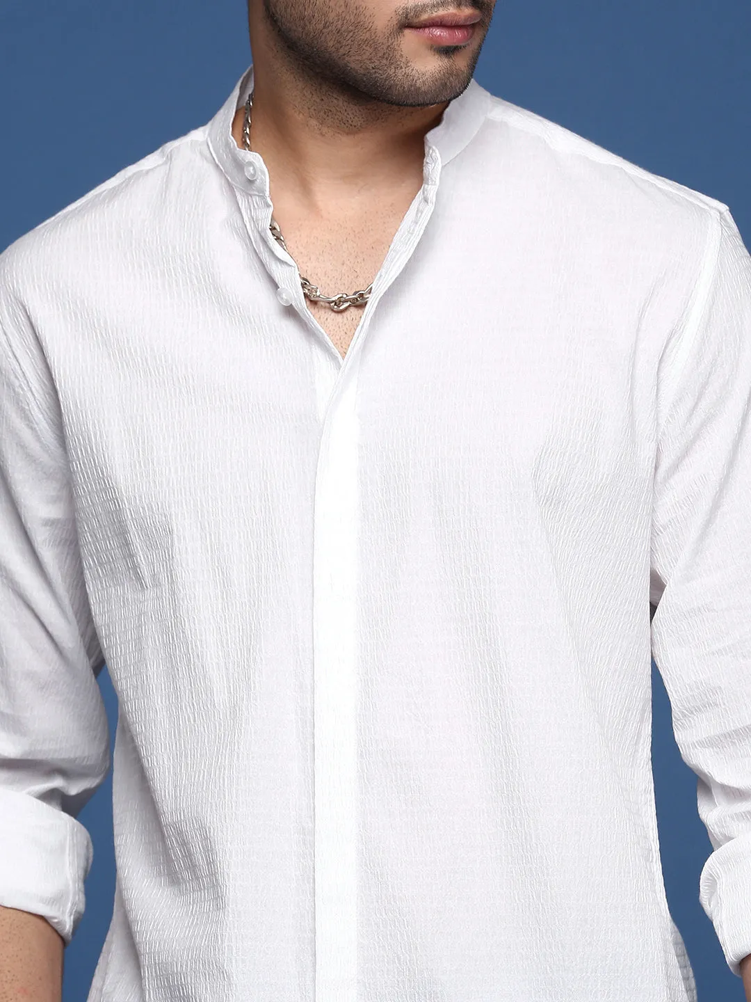 Men Mandarin Collar Solid White Slim Fit Shirt