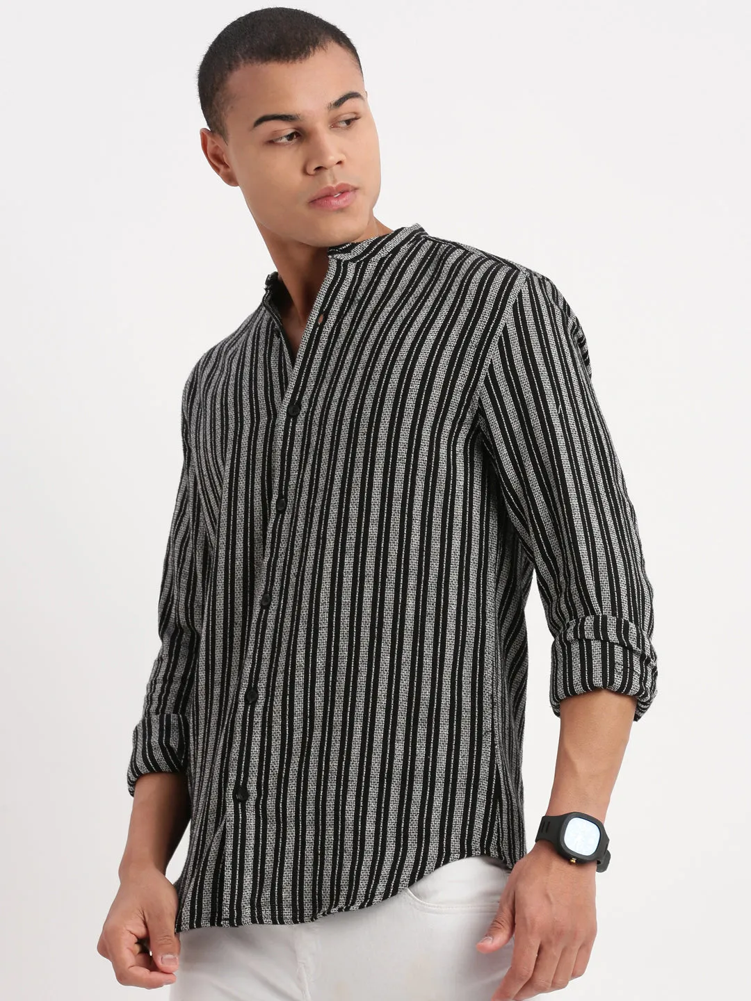 Men Mandarin Collar Striped Black Shirt