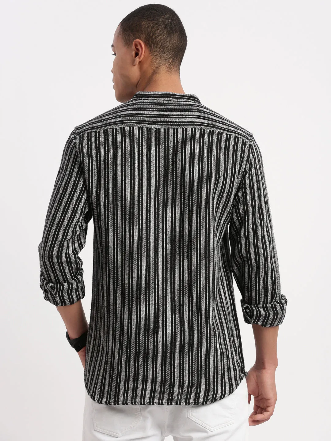 Men Mandarin Collar Striped Black Shirt