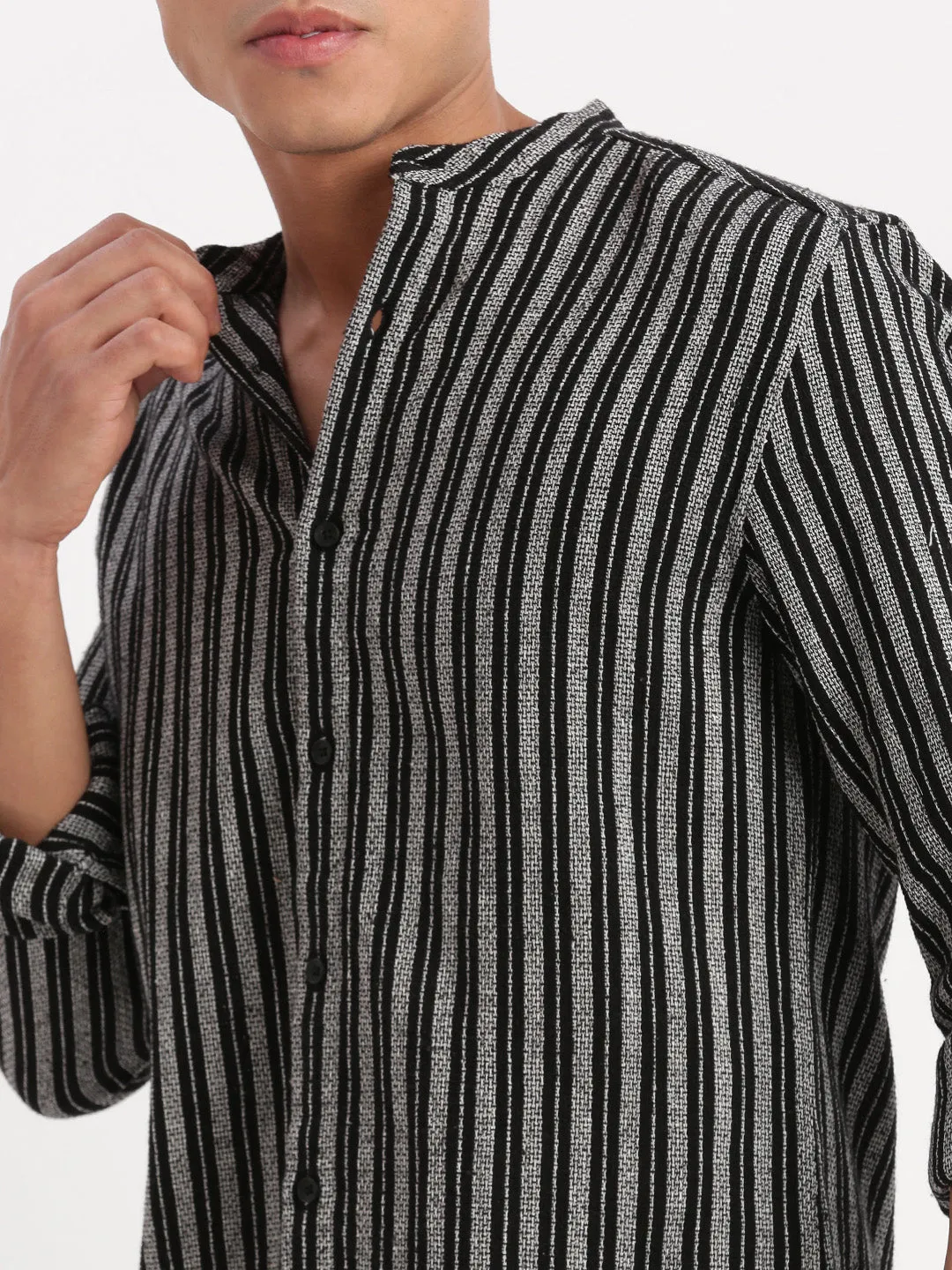 Men Mandarin Collar Striped Black Shirt