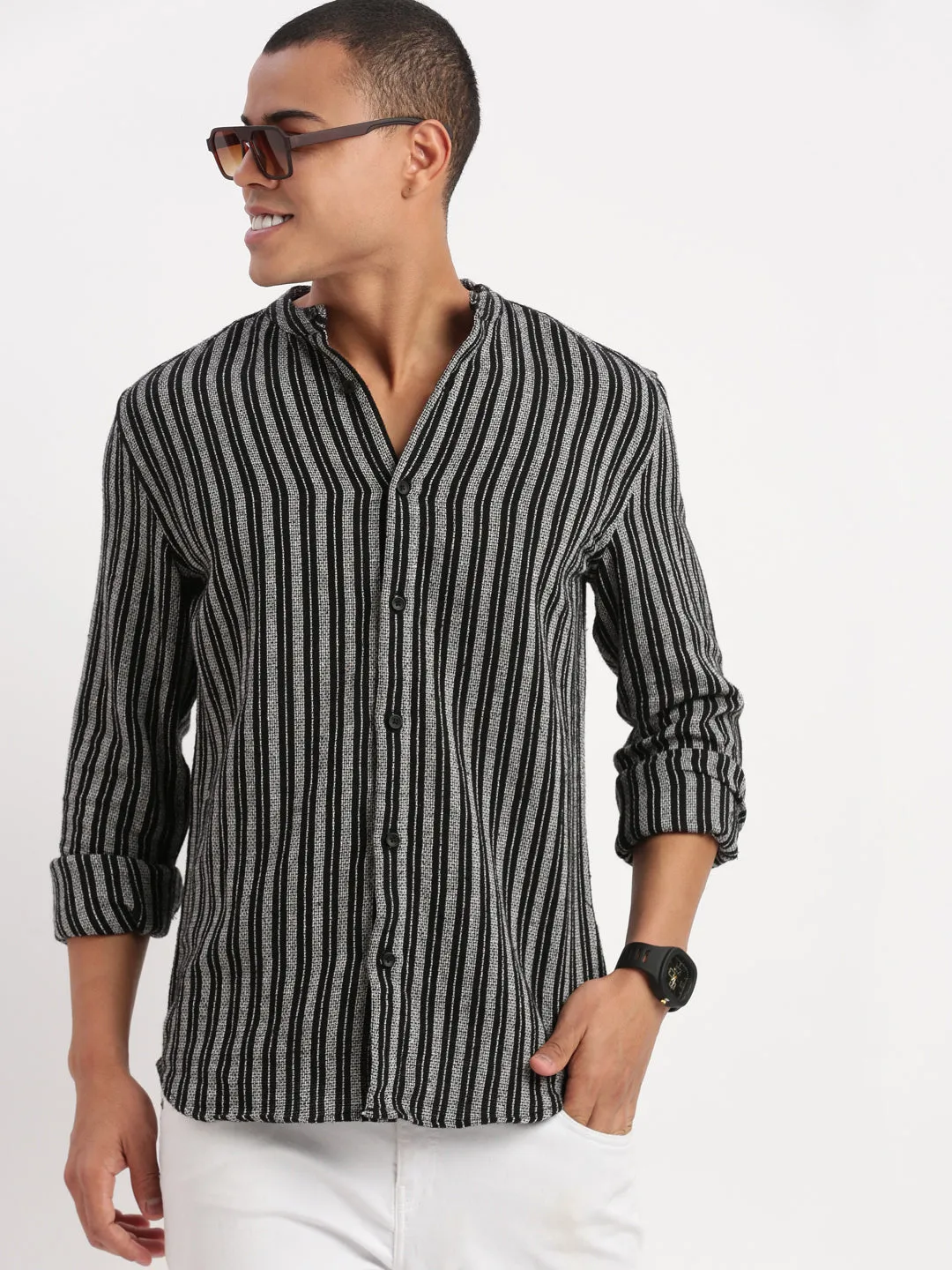 Men Mandarin Collar Striped Black Shirt