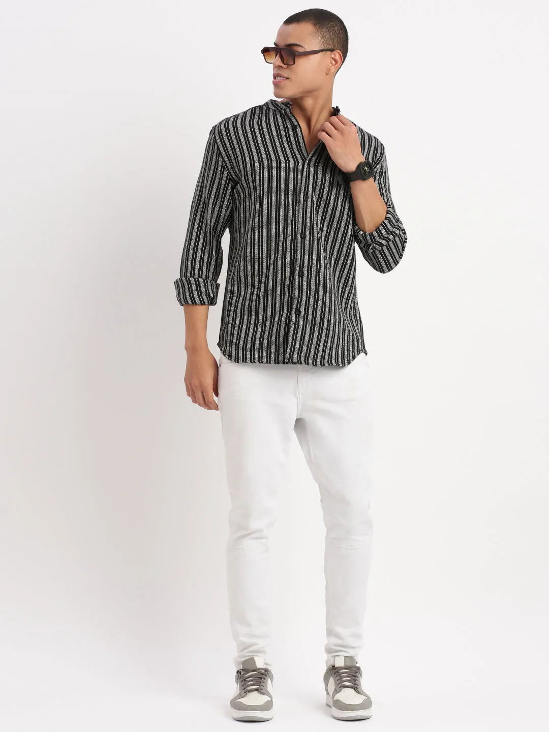 Men Mandarin Collar Striped Black Shirt