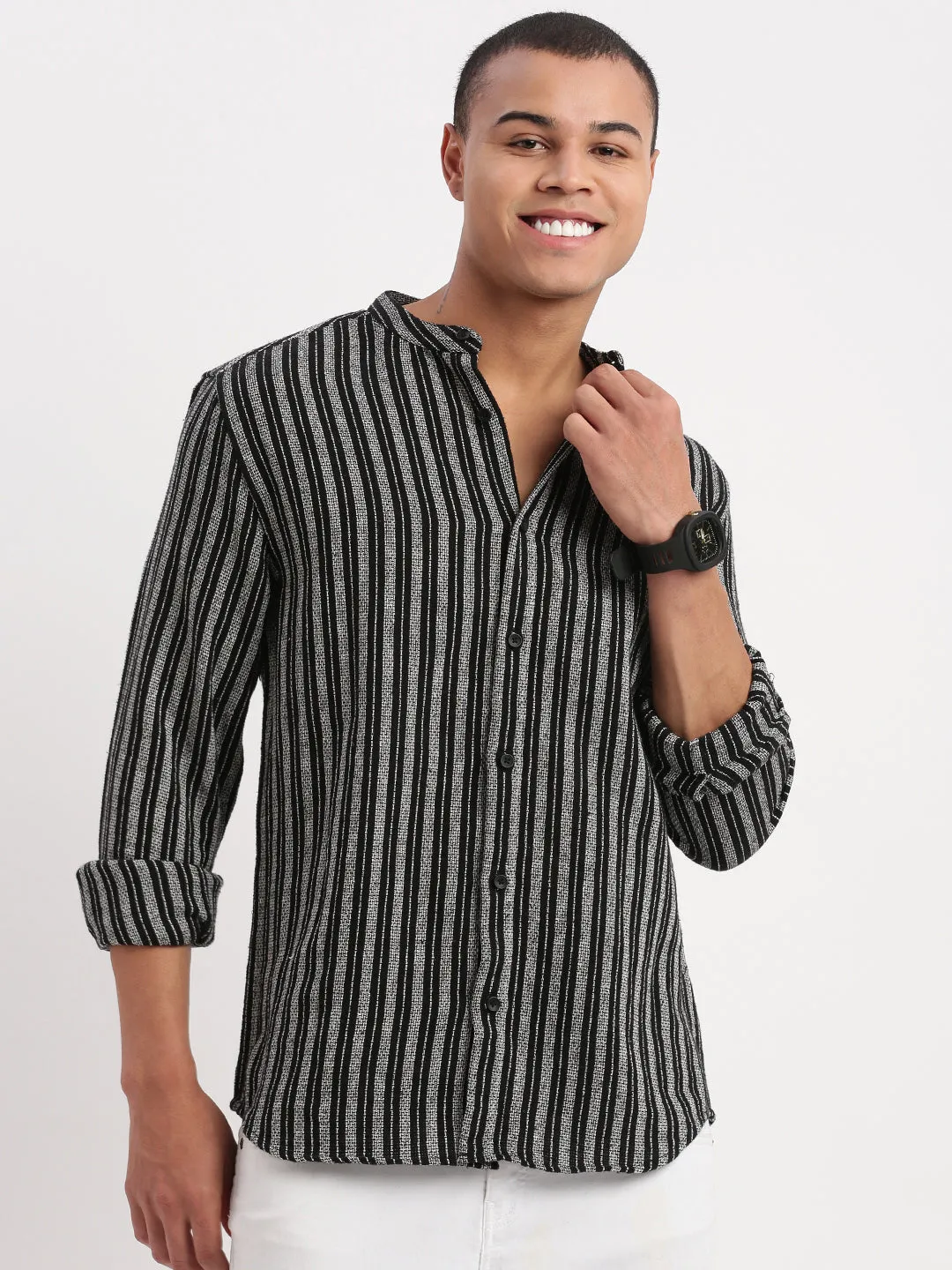 Men Mandarin Collar Striped Black Shirt