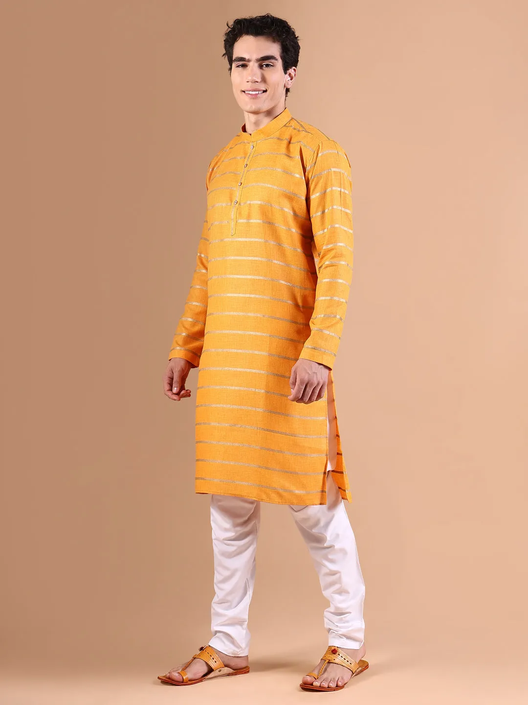 Men Mustard Striped Kurta Set