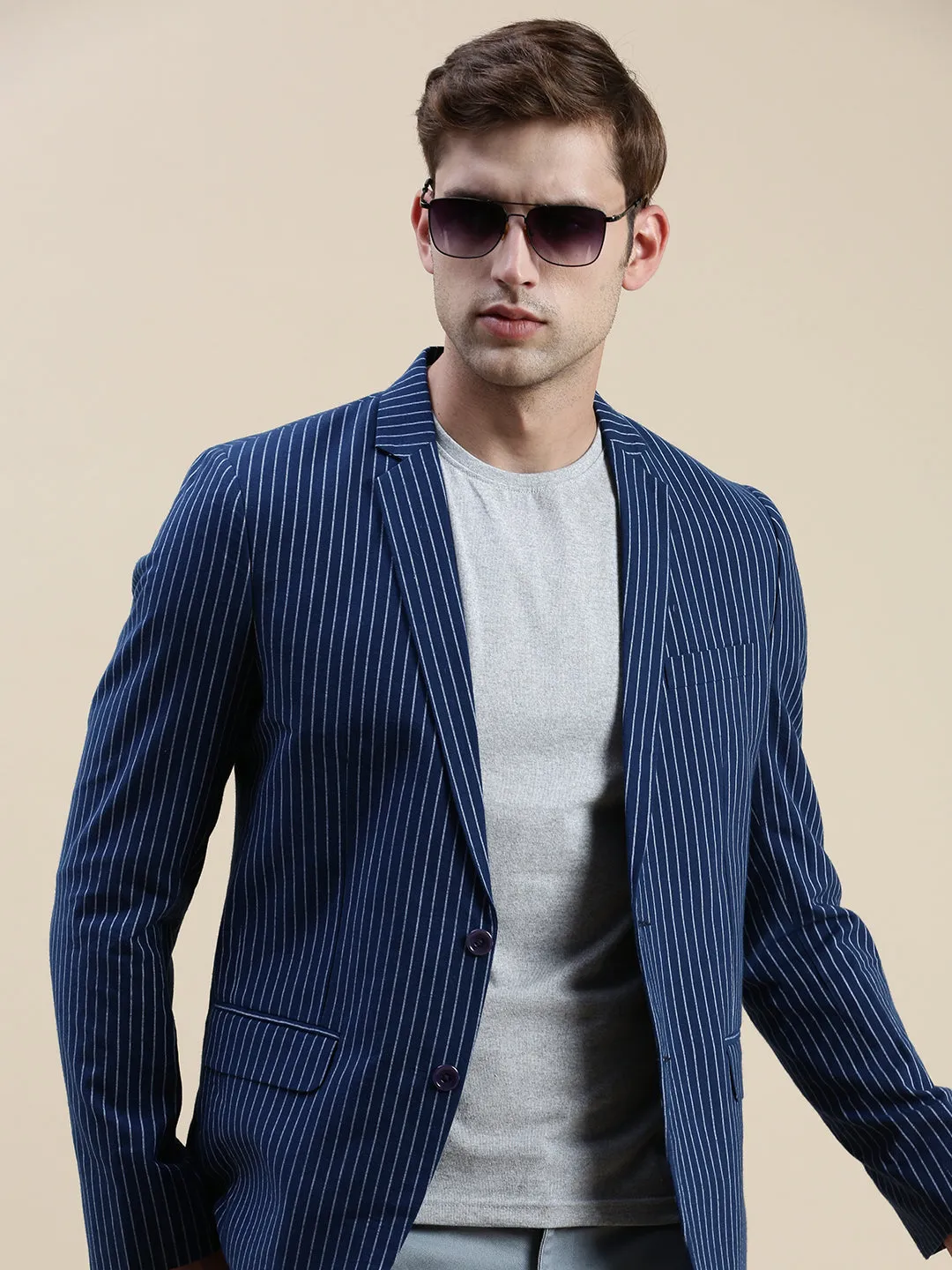 Men Navy Striped Casual Blazer