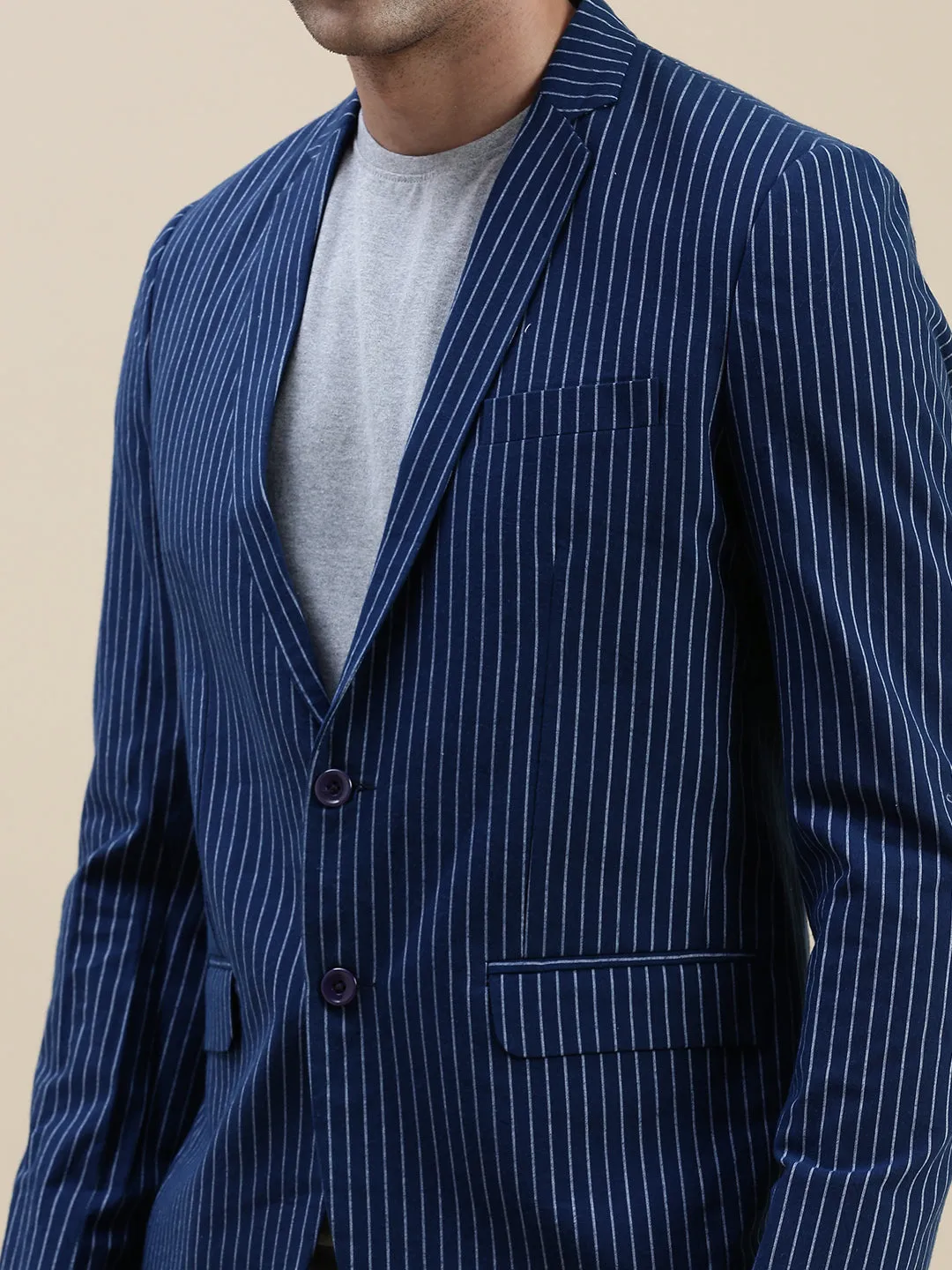 Men Navy Striped Casual Blazer