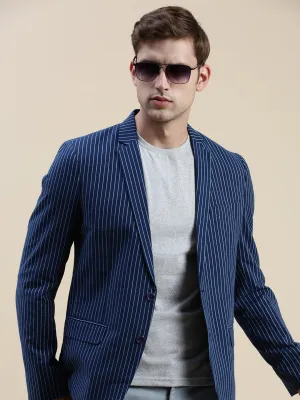 Men Navy Striped Casual Blazer