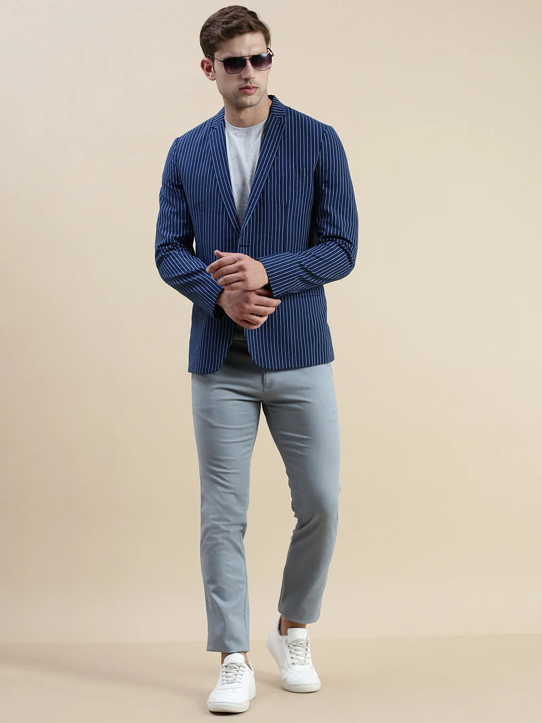 Men Navy Striped Casual Blazer