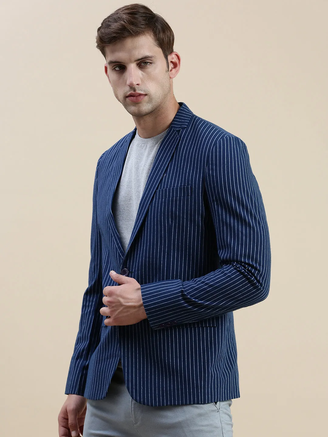 Men Navy Striped Casual Blazer