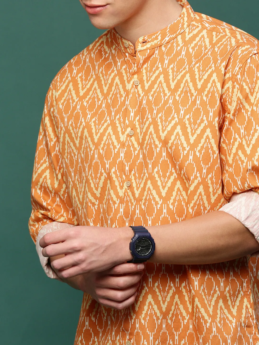 Men Orange Geometric Slim Fit Shirt