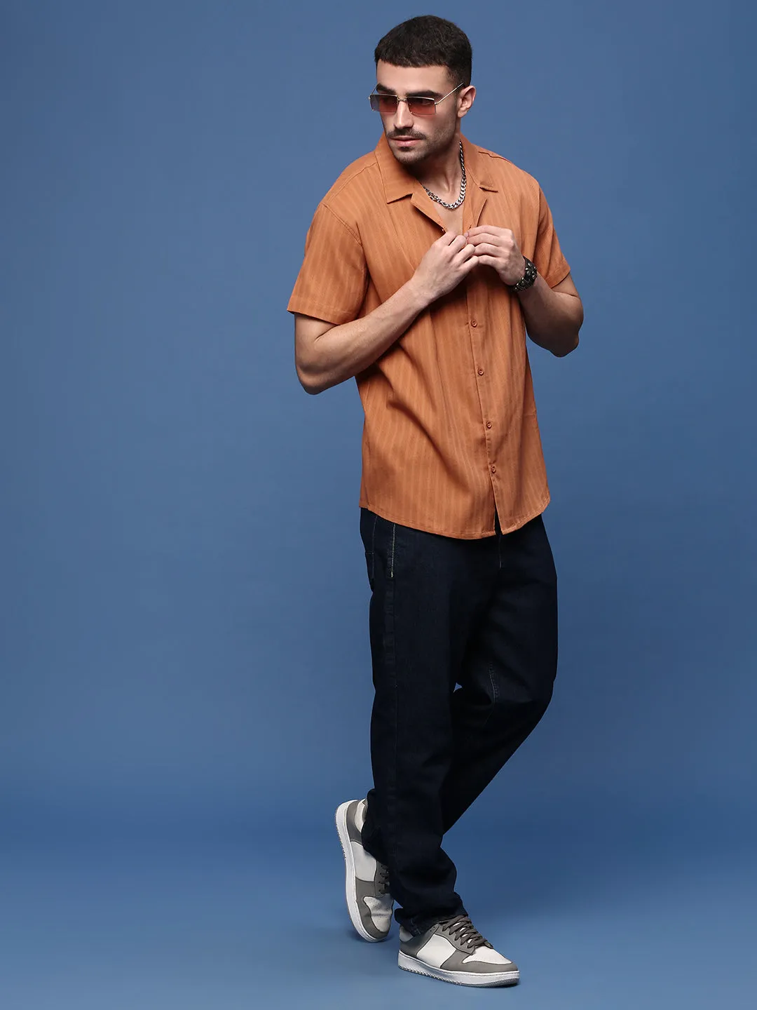 Men Orange Solid Cuban Collar Shirt