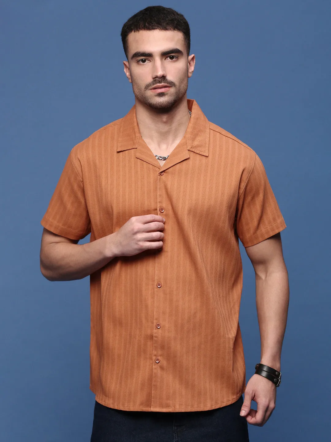 Men Orange Solid Cuban Collar Shirt