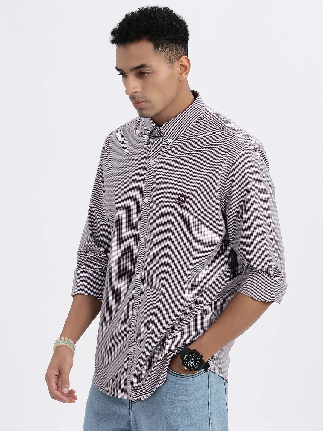 Men Purple Checked Slim Fit Shirt