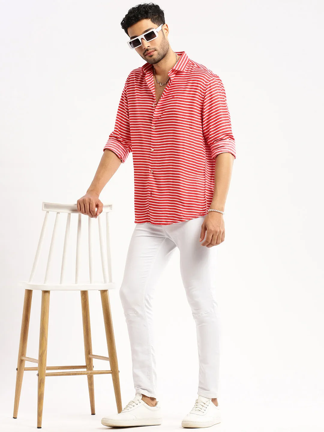 Men Red Spread Collar Horizontal Stripes Shirt