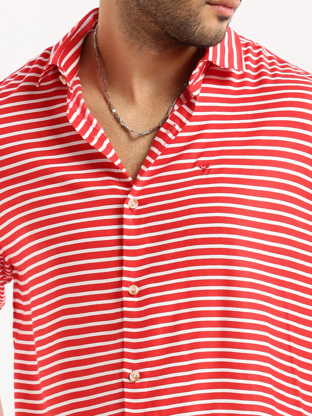 Men Red Spread Collar Horizontal Stripes Shirt