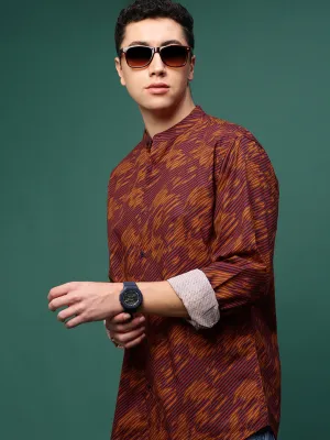 Men Rust Abstract Slim Fit Shirt