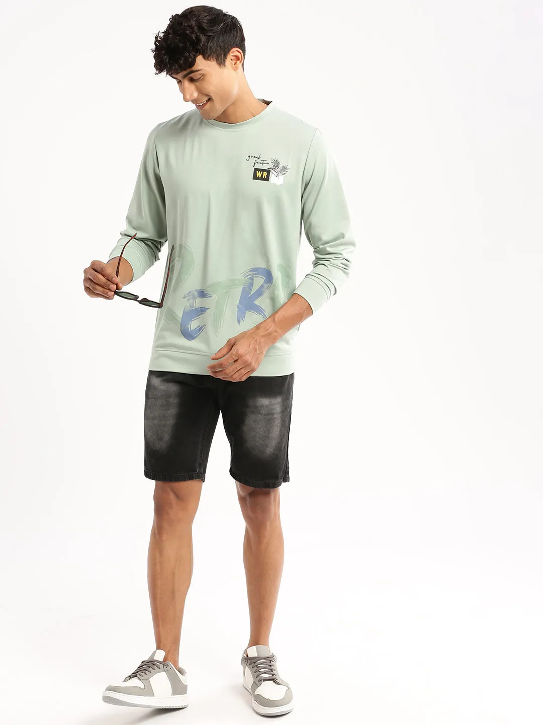 Men Sea Green Round Neck Typography Pullover