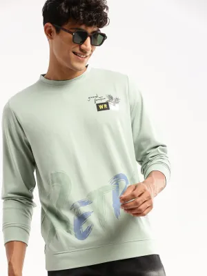 Men Sea Green Round Neck Typography Pullover