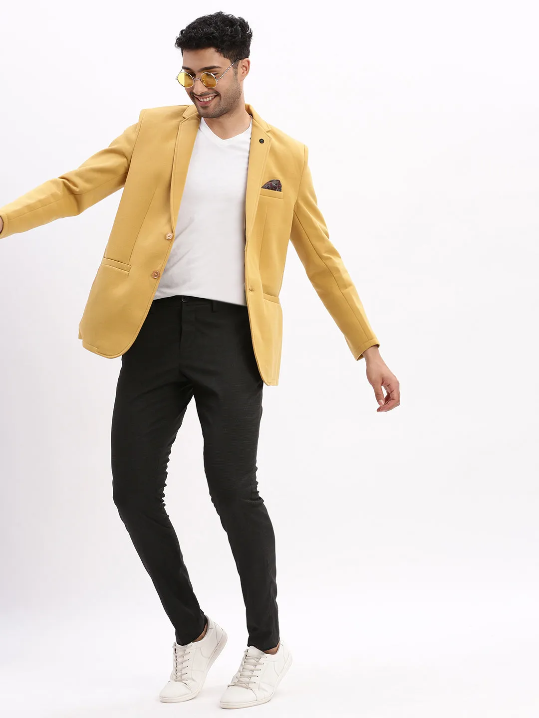 Men Solid Mustard Single Breasted Blazer