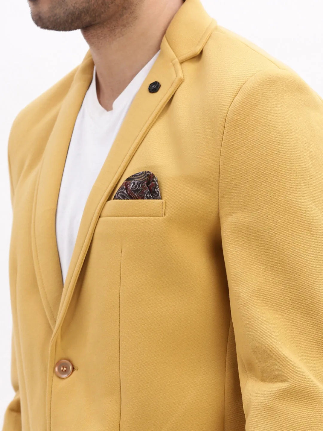 Men Solid Mustard Single Breasted Blazer