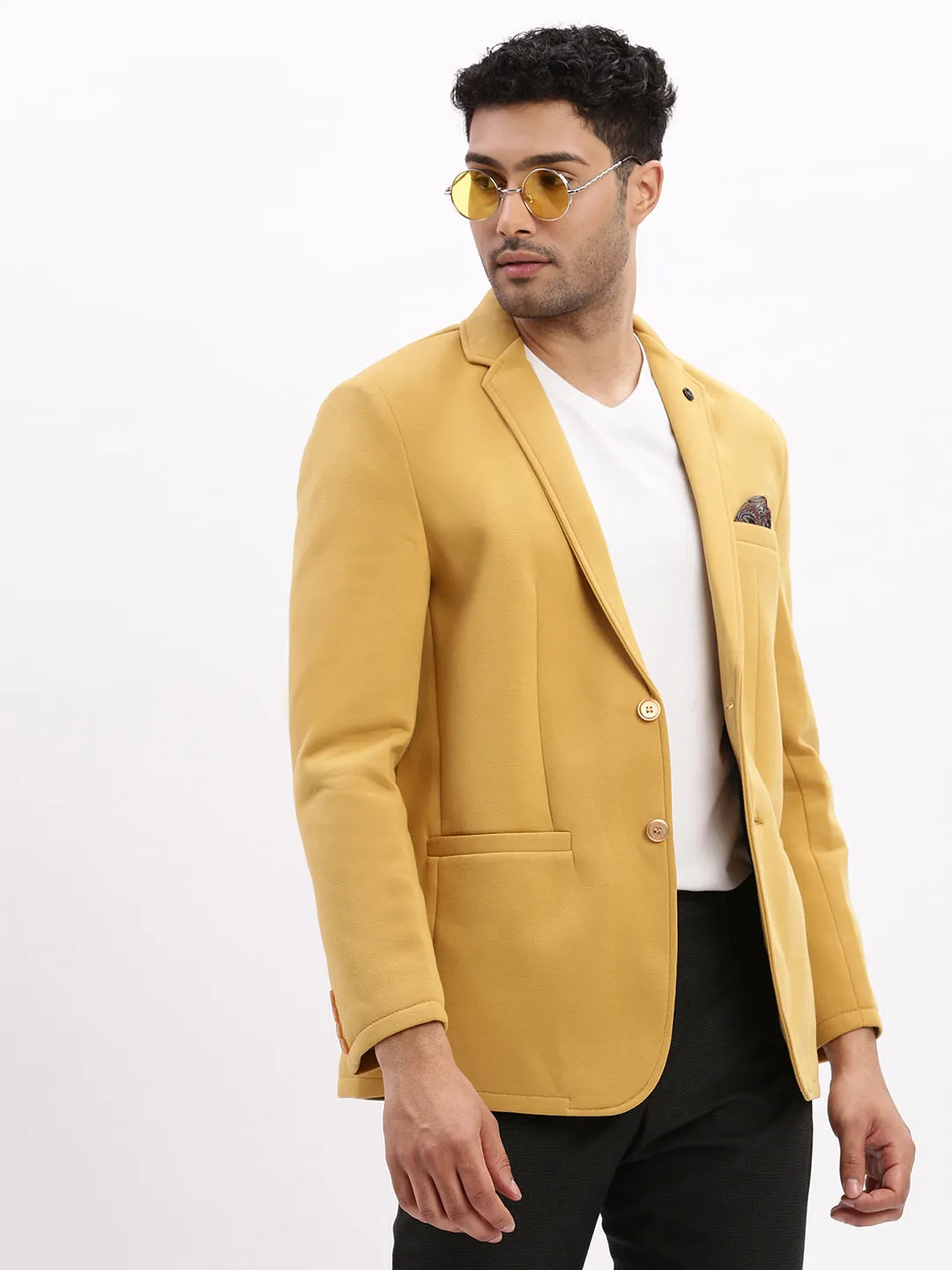 Men Solid Mustard Single Breasted Blazer