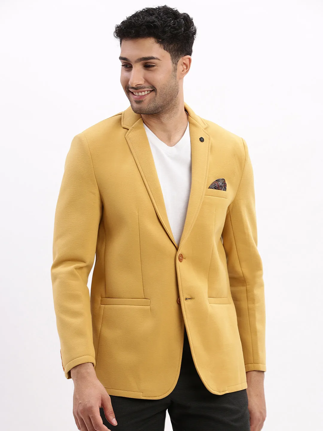 Men Solid Mustard Single Breasted Blazer